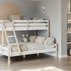 Conjunto de literas de madera en habitación infantil decorada con estilo minimalista, con peluches y estanterías decorativas. Diseñado para maximizar el espacio y ofrecer comodidad y estilo en habitaciones infantiles.