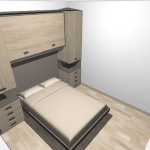 Diseño de dormitorio moderno con mobiliario de madera clara, cama doble y armarios empotrados para optimizar espacio y funcionalidad. Revestimientos neutros para crear un ambiente acogedor.